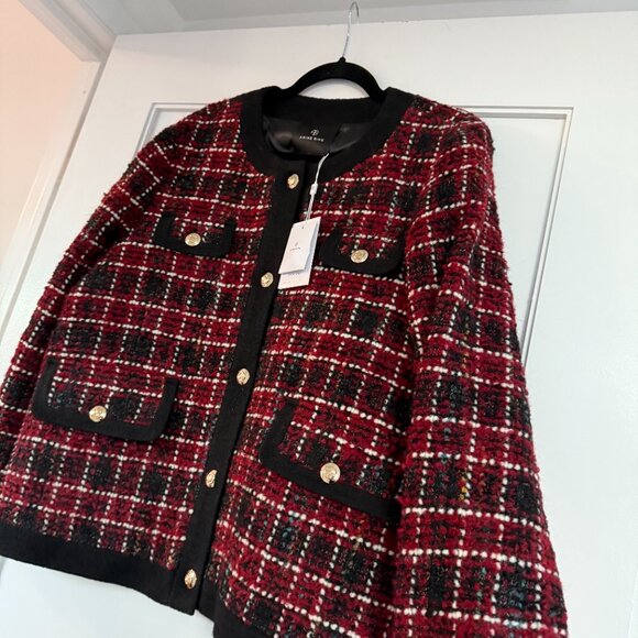 NWT Anine Bing Lydia Wool Blazer Jacket Plaid Tweed Gold-tone Buttons Sz Large - Picture 7 of 9